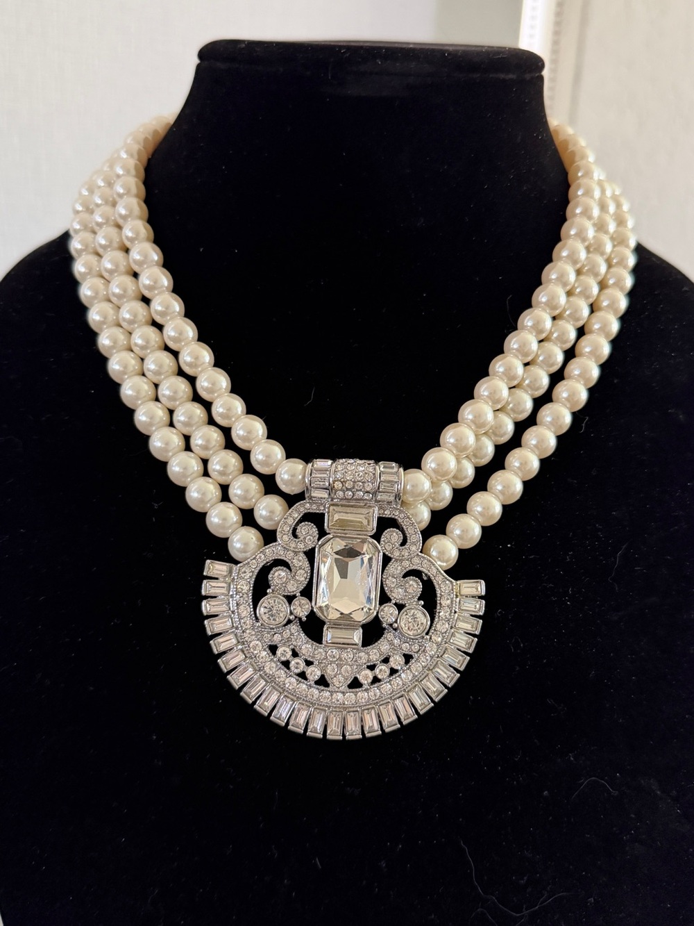 Art Deco Triple Strand Pearl & Crystal Statement Necklace